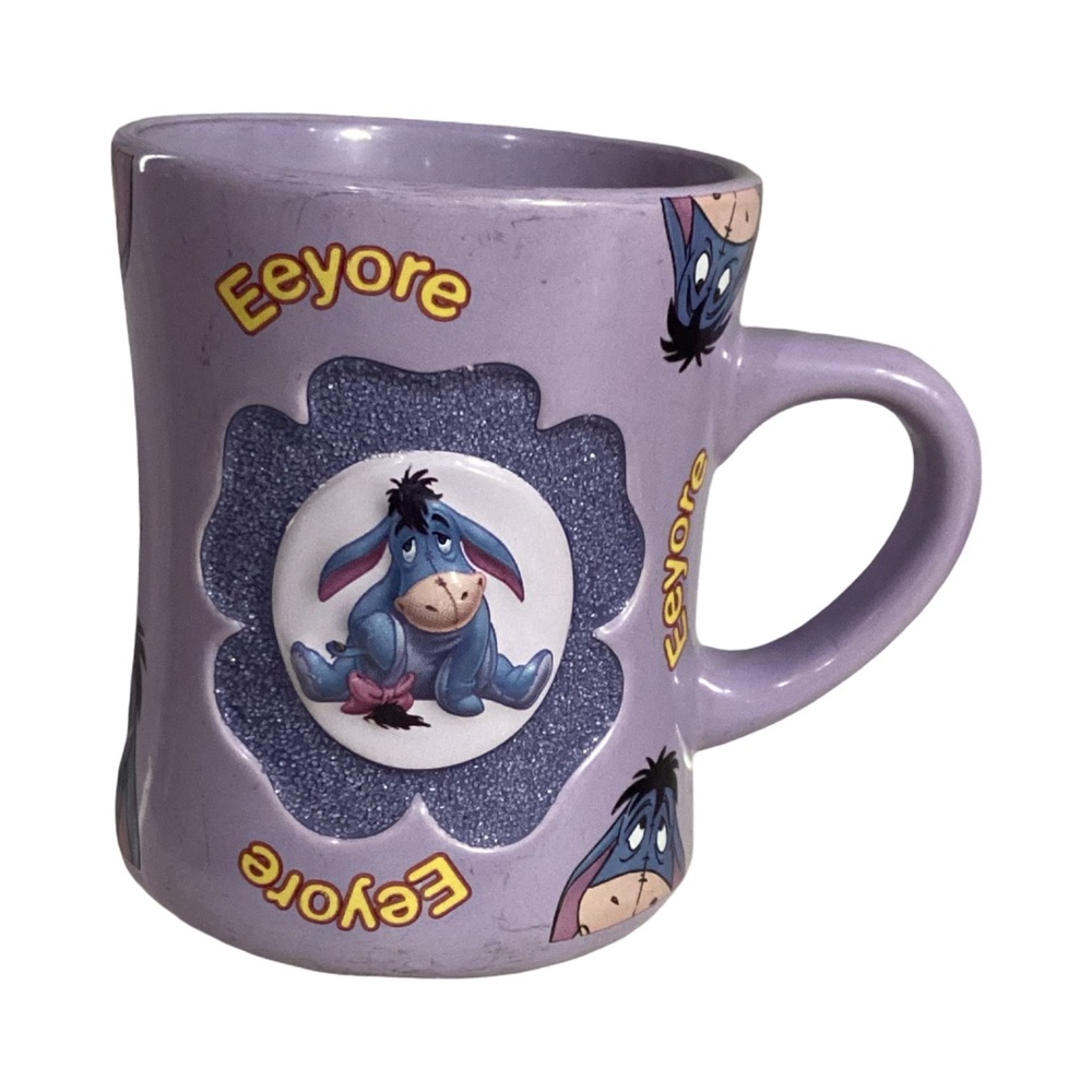 Disney World Parks Eeyore 3D Glitter Embossed 16oz Ceramic Mug Cup *Read*